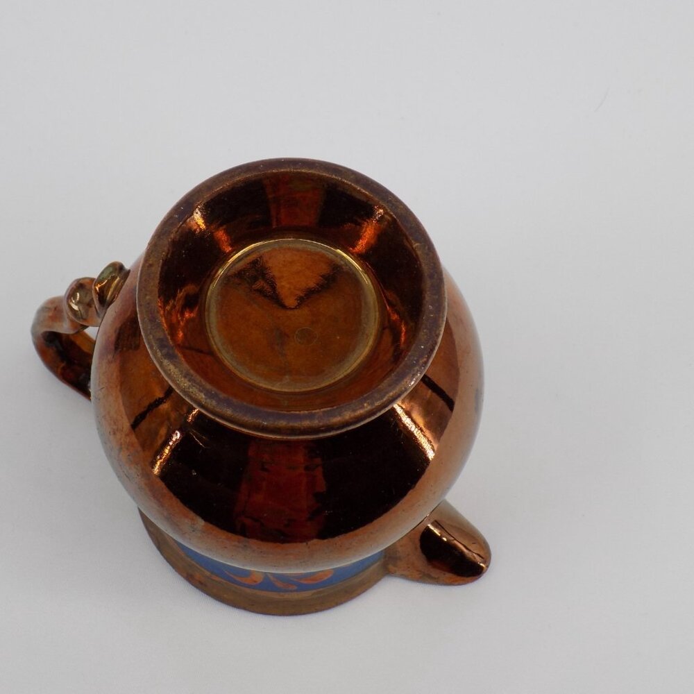 Antique Staffordshire Copper Lustreware Creamer Handpainted Blue Band 4.37" tall - Picture 6 of 7